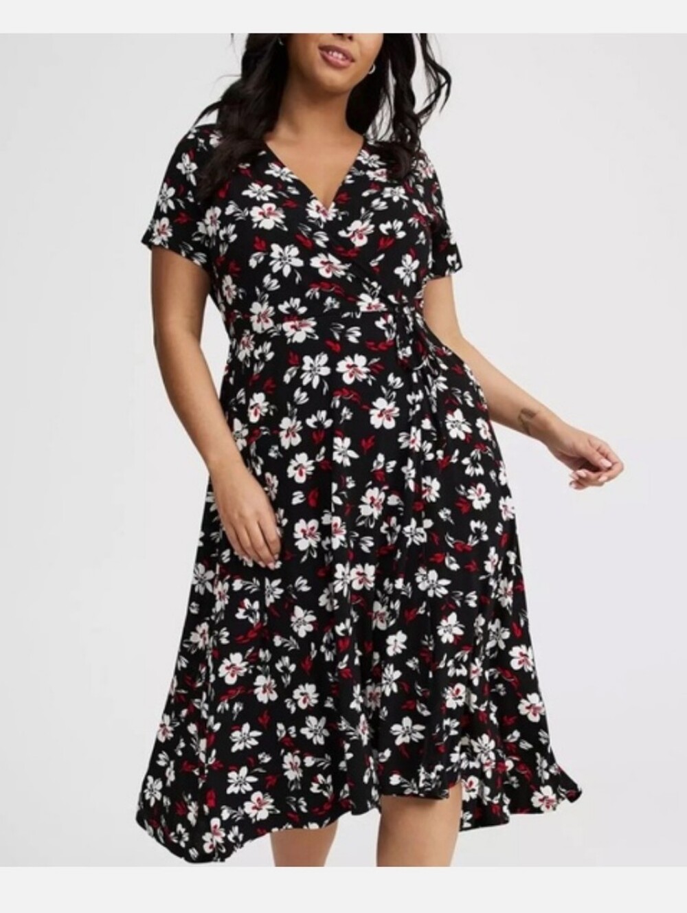 Torrid Black Red Floral Wrap Surplice Midi Dress Sz 3